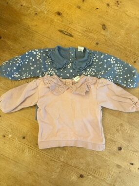 H&M Girls Blue Floral Ruffle Collar Sweatshirt & Pink Eyelet Collar Top